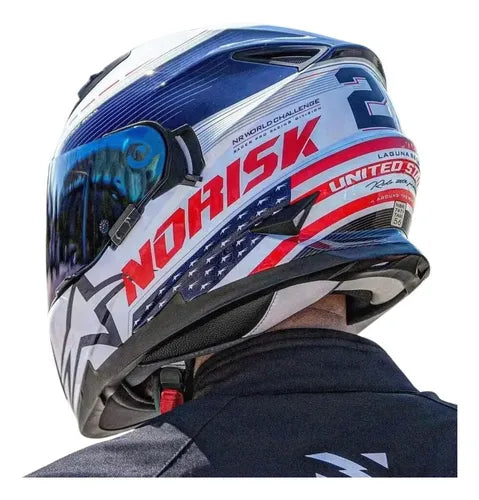 Capacete Norisk FF302 Grand Prix USA com Óculos Solar Interno Branco Azul Brilhante Tamanho 58/M