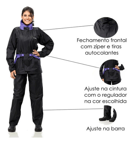 Capa de Chuva Conjunto Pantaneiro Nylon com Gola Feminina Preto Lilás