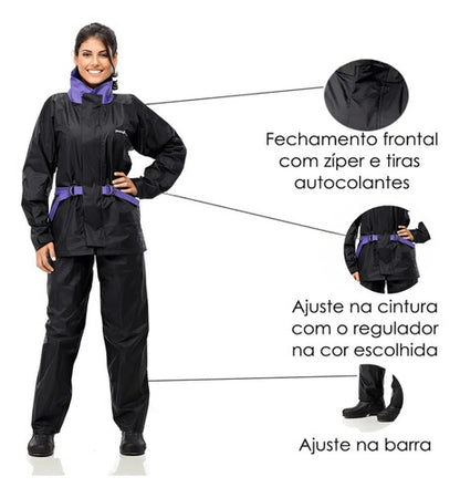 Capa de Chuva Conjunto Pantaneiro Nylon com Gola Feminina Preto Lilás
