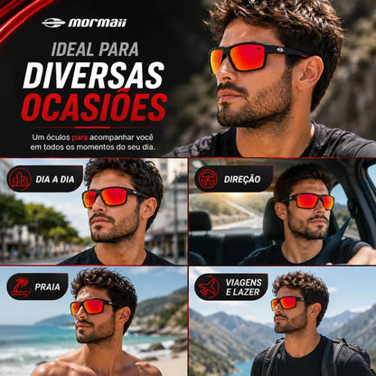 Óculos De Sol Mormaii Joaca 4 Armação Preto Fosco Com Detalhes Vermelhos Lente Espelhado Vermelha