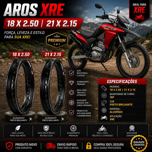 Par de Aros de Roda Motard Monaco Honda Xre 190 Xre Sahara 300 2.15x21 e 2.50x18 Preto Brilhante