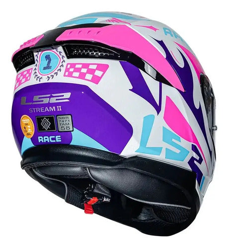 Capacete LS2 FF808 Stream II Race com Óculos Solar Interno Branco Roxo Rosa Brilhante