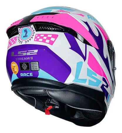 Capacete LS2 FF808 Stream II Race com Óculos Solar Interno Branco Roxo Rosa Brilhante