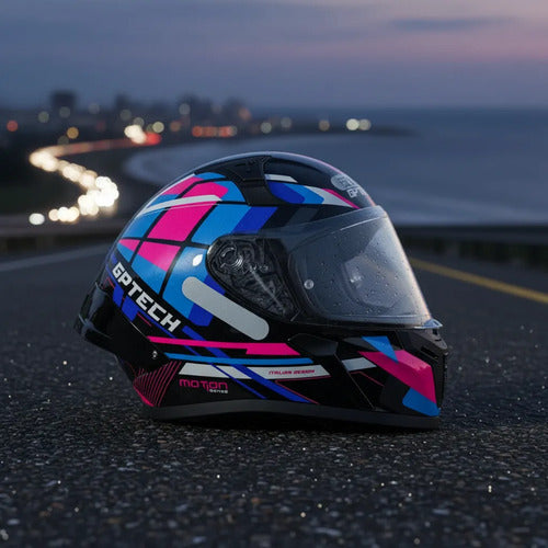 Capacete GP Tech Sense Motion Preto Azul Rosa Brilhante
