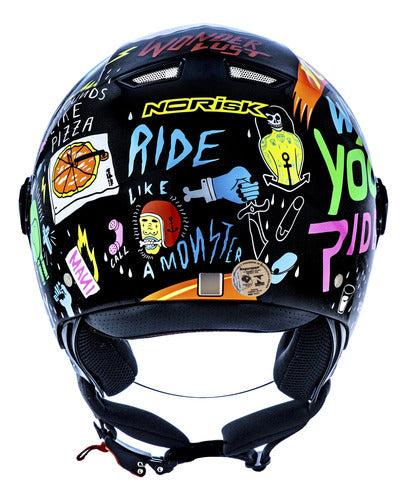 Capacete Aberto Norisk Orion Free Preto Laranja Branco Brilhante