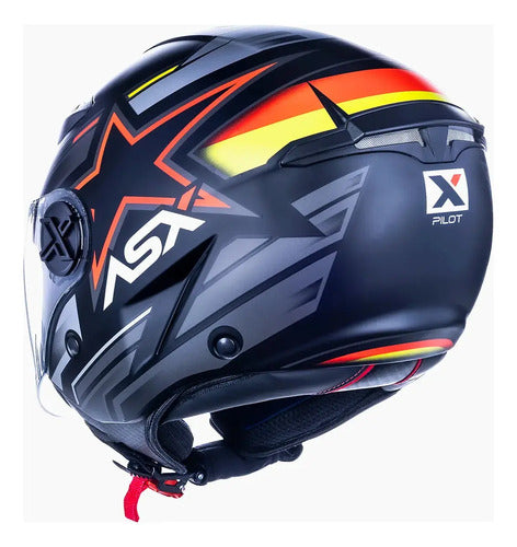 Capacete Aberto ASX City Air Pilot Preto Vermelho Amarelo Fosco