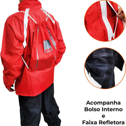 Capa de Chuva Conjunto Givi Nylon Masculina Vermelho Preto Tamanho M