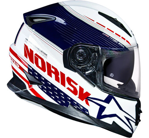 Capacete Norisk FF302 Grand Prix USA com Óculos Solar Interno Branco Azul Brilhante Tamanho 58/M