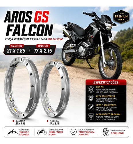 Par de Aros de Roda GS Monaco Honda Nx 400 Falcon 1.85x21 e 2.15x17 Prata Cromado