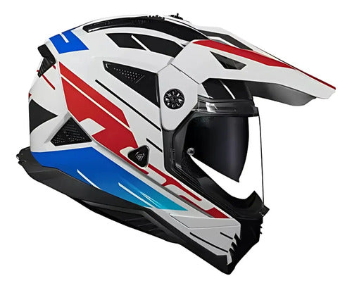 Capacete LS2 MX702 Pioneer II Namib com Óculos Solar Interno Branco Azul Vermelho