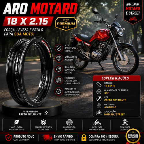Aro de Roda Traseira Motard Monaco Honda Cg 125 150 160 Titan Fan Start 2.15x18 Preto Brilhante