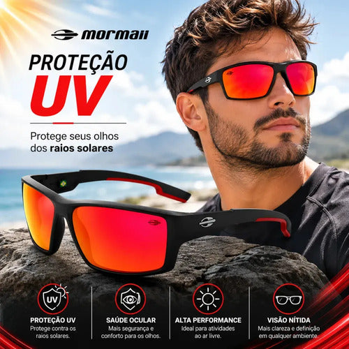 Óculos De Sol Mormaii Joaca 4 Armação Preto Fosco Com Detalhes Vermelhos Lente Espelhado Vermelha