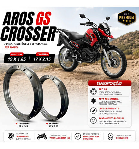 Par de Aros de Roda GS Monaco Yamaha Crosser 150 1.85x19 e 2.15x17 Prata Cromado