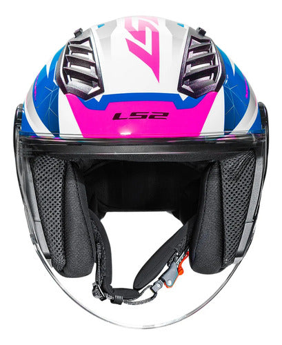 Capacete Aberto LS2 OF616 Airflow II Draze com Spoiler Branco Azul Rosa Brilhante