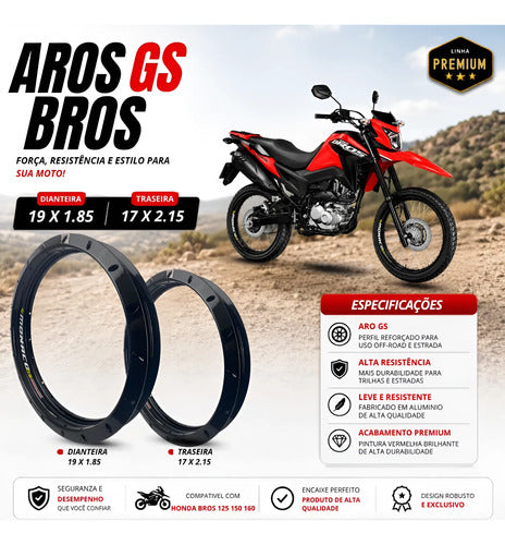 Par de Aros de Roda GS Monaco Honda Bros 125 150 160 1.85x19 e 2.15x17 Preto Brilhante