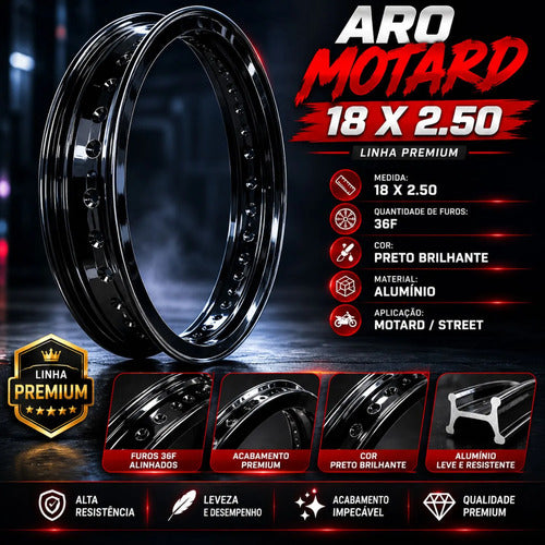 Aro de Roda Traseira Motard Monaco Honda Cg 125 150 160 Titan Fan Start 2.50x18 Preto Brilhante