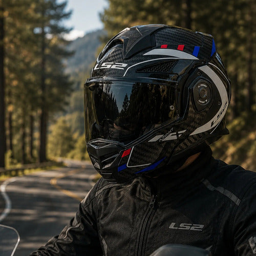 Capacete Escamoteável LS2 FF901 Advant X Carbon Future Branco Azul Vermelho Brilhante Tamanho 60/L
