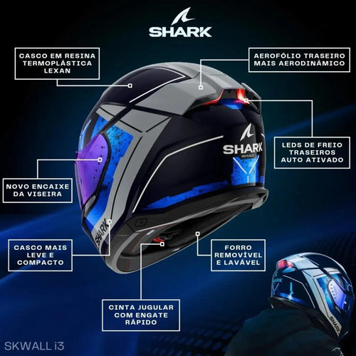 Capacete Shark Skwal i3 Raul Fernandez com Óculos Solar Interno Azul Branco Brilhante