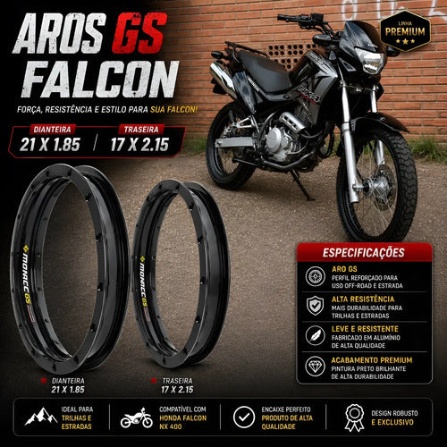 Par de Aros de Roda GS Monaco Honda Nx 400 Falcon 1.85x21 e 2.15x17 Preto Brilhante