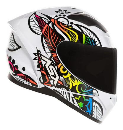 Capacete ASX City Flowers Branco Preto Colorido Brilhante