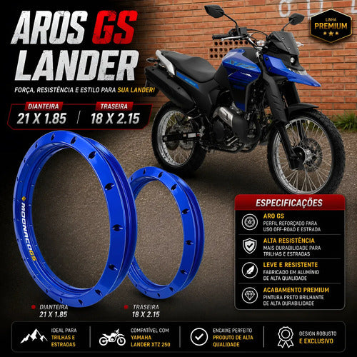 Par de Aros de Roda GS Monaco Yamaha Lander 250 2018 a 2026 1.85x21 e 2.15x18 Azul