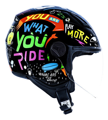 Capacete Aberto Norisk Orion Free Preto Laranja Branco Brilhante