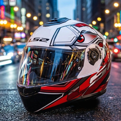 Capacete Escamoteável LS2 FF908 Strobe II Xdron com Óculos Solar Branco Vermelho