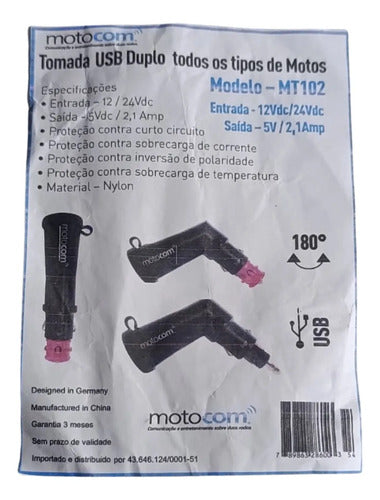 Carregador de Celular USB Duplo Motocom MT102 Plug DIN Hella 12V/24V