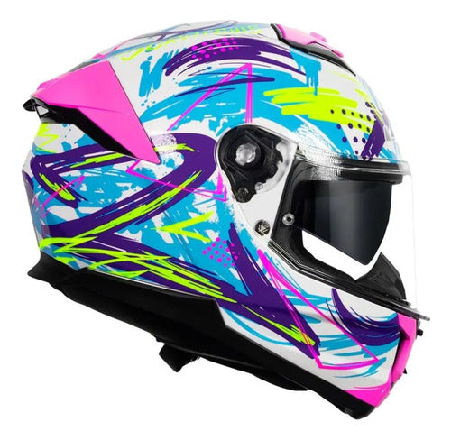 Capacete LS2 FF808 Stream II Scratches com Óculos Solar Interno Branco Roxo Rosa Fosco