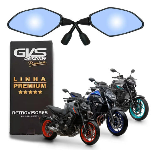 Par de Espelhos Retrovisores GVS Haste Curta Universal Rosca Yamaha Lente Convexa Azul