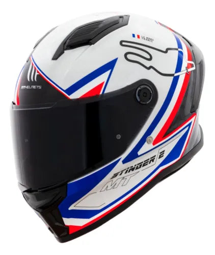 Capacete MT Helmets Stinger 2 Grand Prix França Branco Azul Vermelho Brilhante