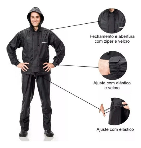 Capa de Chuva Conjunto Pantaneiro Nylon com Capuz Preto