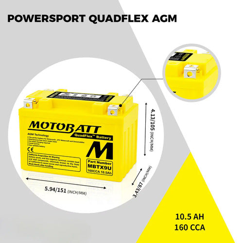 Bateria Motobatt MBTX9U AGM 12V 10,5Ah Honda Cb 500 Africa Twin 1000 Suzuki Bandit 650