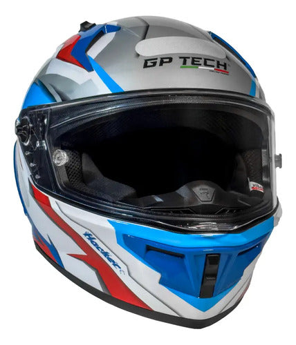 Capacete GP Tech Pilot Hacker Branco Azul Brilhante Tamanho 56
