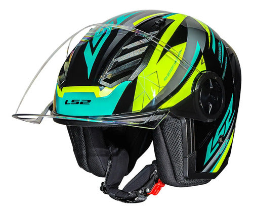 Capacete Aberto LS2 OF616 Airflow II Draze com Spoiler Preto Amarelo Verde Brilhante