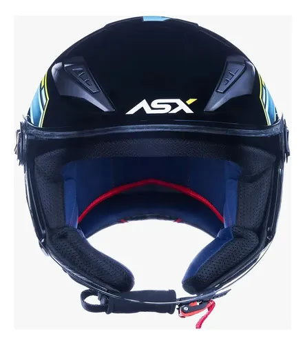 Capacete Aberto ASX City Air Pilot Preto Azul Amarelo Brilhante
