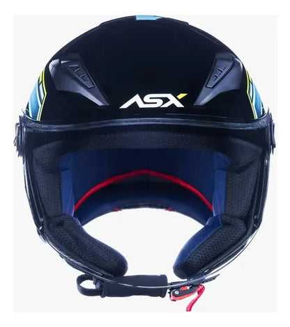 Capacete Aberto ASX City Air Pilot Preto Azul Amarelo Brilhante