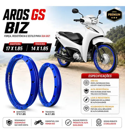 Par de Aros de Roda GS Monaco Honda Biz 125 Biz 110i 1.85x17 e 1.85x14 Azul