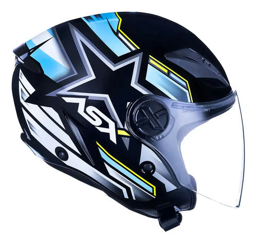 Capacete Aberto ASX City Air Pilot Preto Azul Amarelo Brilhante
