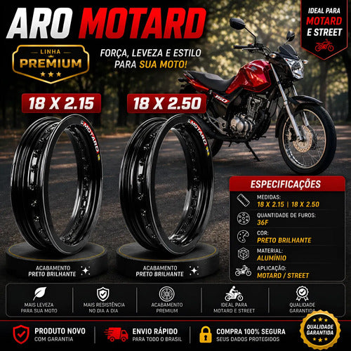 Par de Aros de Roda Motard Monaco Honda Cg 150 160 Titan Fan Start 2.15x18 e 2.50x18 Preto Brilhante