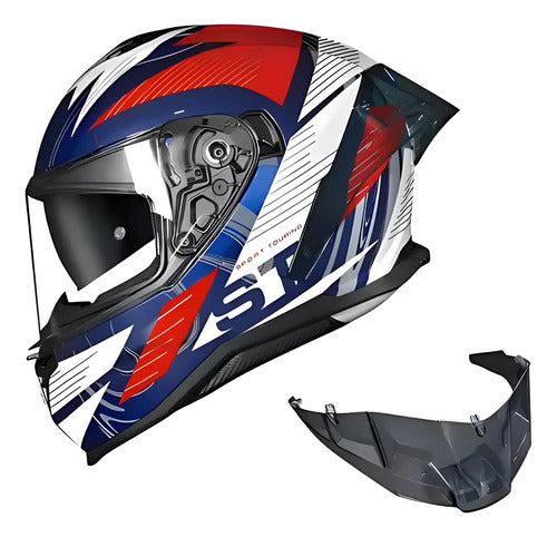 Capacete Norisk Strada II ST com Óculos Solar Interno Branco Azul Vermelho Brilhante
