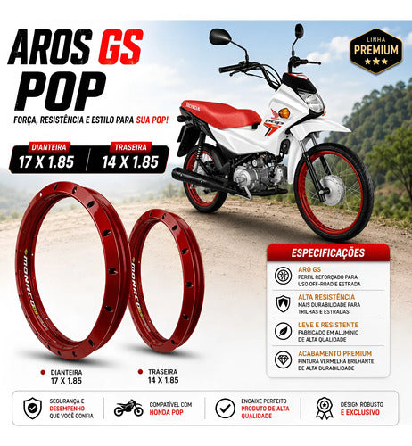Par de Aros de Roda GS Monaco Honda Pop 100 Pop 110i Biz 110i 1.85x17 e 1.85x14 Vermelho