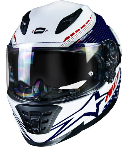 Capacete Norisk FF302 Grand Prix USA com Óculos Solar Interno Branco Azul Brilhante Tamanho 58/M
