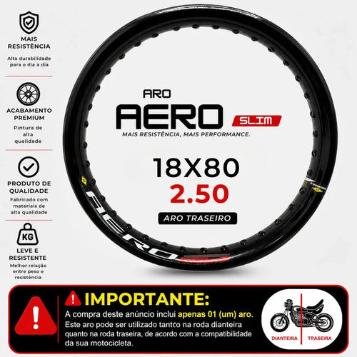 Aro de Roda Traseira Aero Slim Monaco Yamaha Lander 250 Honda Xre 300 18x80 2.50 Preto Brilhante