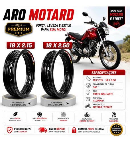 Par de Aros de Roda Motard Monaco Honda Cg 150 160 Titan Fan Start 2.15x18 e 2.50x18 Preto Brilhante