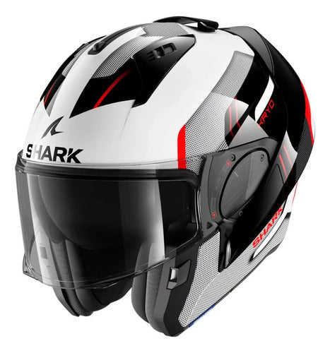 Capacete Escamoteável Shark Evo-ES Kryd com Óculos Solar Interno Branco Preto Vermelho