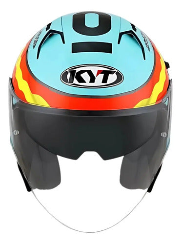 Capacete Aberto KYT NF-J Jaume Masia Leopard com Óculos Solar Interno Azul Vermelho
