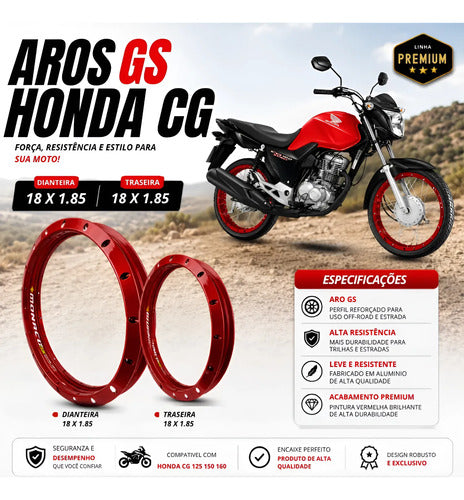 Par de Aros de Roda GS Monaco Honda Cg 125 150 160 Titan Fan Start 1.85x18 Vermelho
