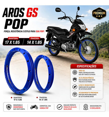 Par de Aros de Roda GS Monaco Honda Pop 100 Pop 110i Biz 110i 1.85x17 e 1.85x14 Azul