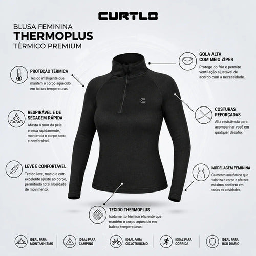 Blusa Térmica Segunda Pele Curtlo Thermoplus com Zíper Feminina Preto